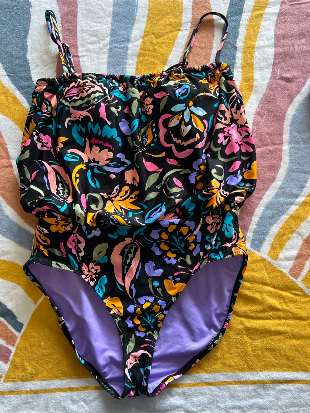 Anne Cole Black Floral One-Piece Swimsuit with Purple Lining
